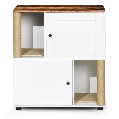Double Cat Litter Box Enclosure with Shelves and Particle Board, White+Vintage