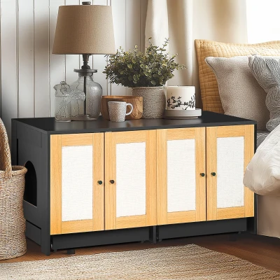 Double Litter Box Enclosure for 2 Cats with Rattan Doors and Sisal Scratch Panel, Light Oak