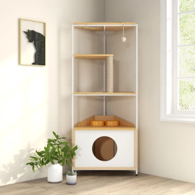 Corner Multi-Level Cat Tower and Condo with Scratching Post, White+Light Oak