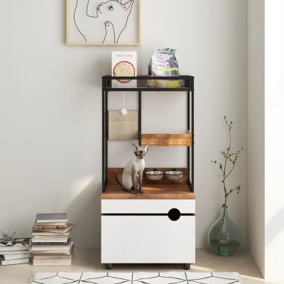 Cat Litter Box Enclosure with Cat Tree Tower, White+Vintage
