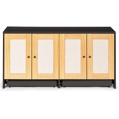 Double Litter Box Enclosure for 2 Cats with Rattan Doors and Sisal Scratch Panel, Light Oak