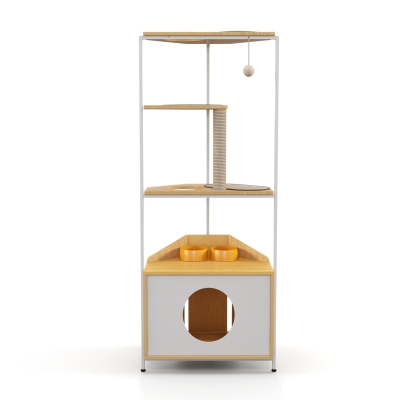 Corner Multi-Level Cat Tower and Condo with Scratching Post, White+Light Oak