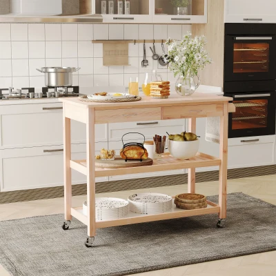 HOMCOM 42" Kitchen Trolley Cart, Pine Wood, 2 Drawers, 3-Tier
