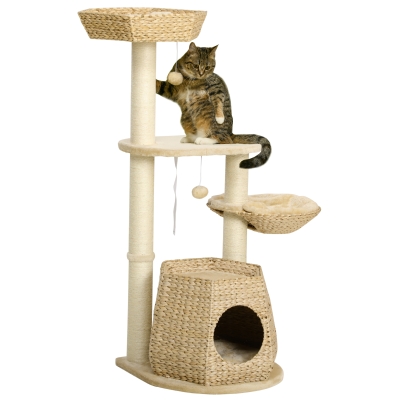 PawHut 47" Cat Tree Activity Center, Natural with Scratching Post