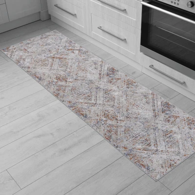 Naar 2x8 Geometric Stain-Resistant Area Rug with Non-Shedding Design and Cotton Backing, Beige