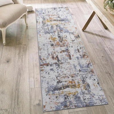 Naar 2x8 Abstract Stain-Resistant Area Rug with Cotton Backing, Ivory+Navy