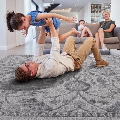 Naar 8x10 Oriental Stain-Resistant Area Rug with Cotton Backing, Grey