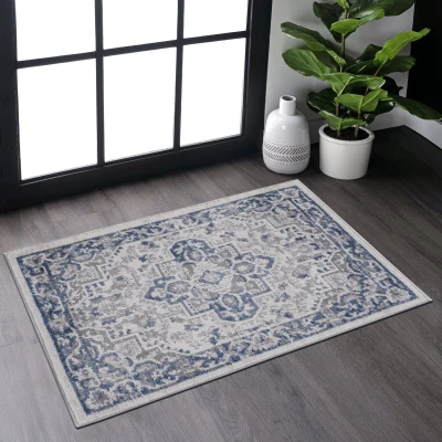 Naar 2x3 Stain-Resistant Area Rug with Cotton Backing, Blue+Grey