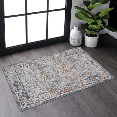 Naar 2x3 Stain-Resistant Area Rug with Cotton Backing, Ivory+Grey