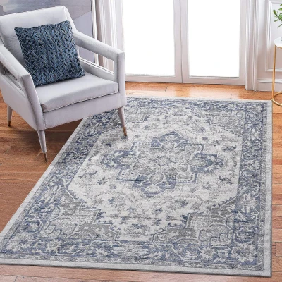 Naar 5x7 Stain-Resistant Area Rug with Cotton Backing, Blue+Grey
