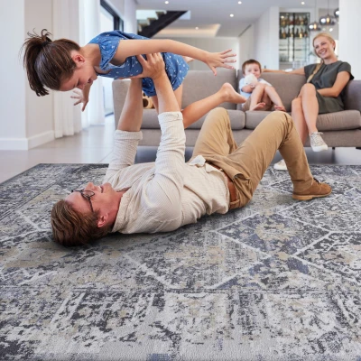Naar 8x10 Traditional Stain-Resistant Area Rug with Cotton Backing, Grey+Blue