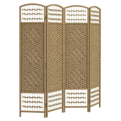 HOMCOM 4 Panel Folding Room Divider, Portable Privacy Screen, Wave Fiber Room Partition for Home Office, Natural