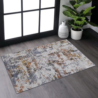 Naar 2x3 Abstract Stain-Resistant Area Rug with Cotton Backing, Ivory+Navy