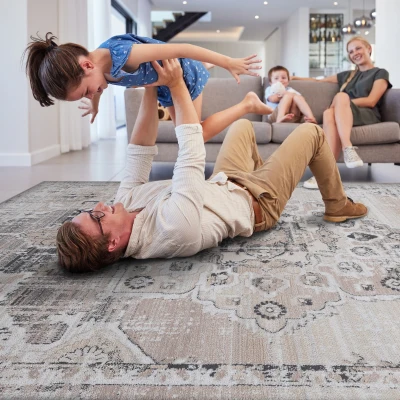 Naar 8x10 Medallion Stain-Resistant Area Rug with Cotton Backing, Cream