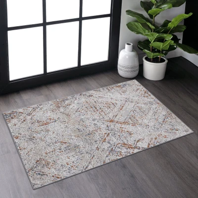 Naar 2x3 Geometric Stain-Resistant Area Rug with Non-Shedding Design and Cotton Backing, Beige