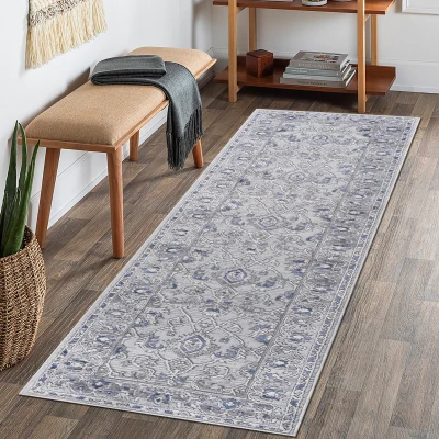 Naar 2x8 Stain-Resistant Area Rug with Cotton Backing, Grey+Blue