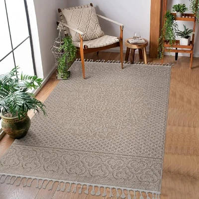 Naar 5x7 Indoor Outdoor Stain-Resistant Area Rug with Medium Pile Height, Beige