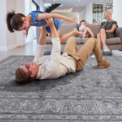 Naar 8x10 Oriental Stain-Resistant Area Rug with Non-Shedding Design and Cotton Backing, Grey