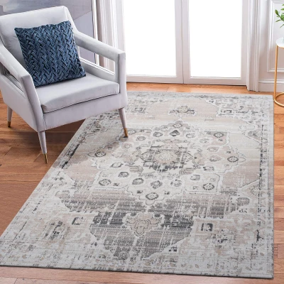 Naar 5x7 Medallion Stain-Resistant Area Rug with Cotton Backing, Cream