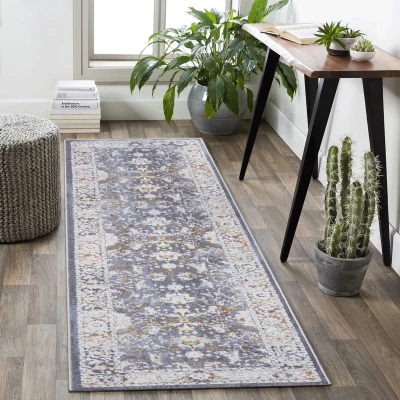 Naar 2x8 Traditional Stain-Resistant Area Rug with Non-Shedding Design and Cotton Backing, Blue