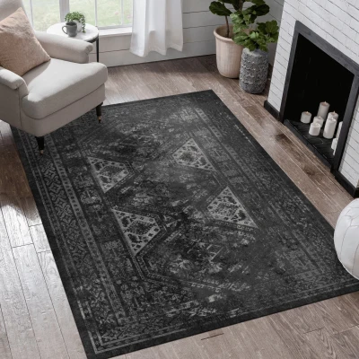 6x9 Washable Low-Pile Kid and Pet Friendly Area Rug, Black+Grey