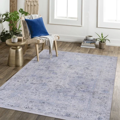 8x10 Foldable Low-Pile Non-Slip Non-Shedding Area Rug, Blue+Cream