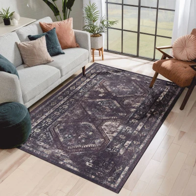 6x9 Low-Pile Non-Slip Non-Shedding Washable Area Rug, Black+Burgundy