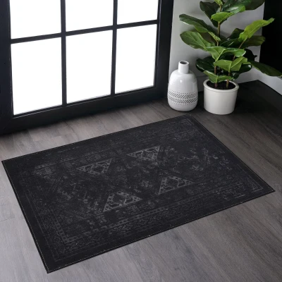 2x3 Low-Pile Non-Slip Non-Shedding Machine Washable Area Rug, Black+Grey