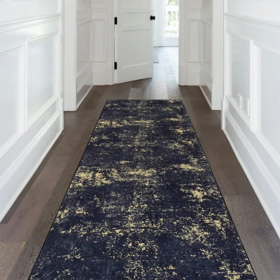 2x10 Non-Slip Machine Washable Doormat with Low-Pile, Black+Gold