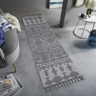 2x8 Indoor Outdoor Stain Resistant Area Rug with Easy Maintenance, White+Grey