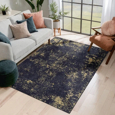 6x9 Non-Slip Machine Washable Area Rug with Low-Pile, Black+Gold