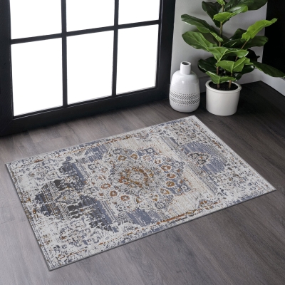 2x3 Medallion Stain-Resistant Area Rug with Cotton Backing, Cream