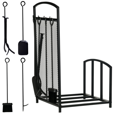 HOMCOM Firewood Rack with Tools, Indoor Outdoor Log Holder, Black