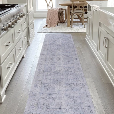 2x10 Washable Low-Pile Non-Slip Non-Shedding Area Rug, Blue+Cream
