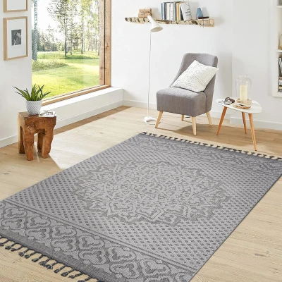 5x7 Stain Resistant Medallion Area Rug with Medium Pile, Grey+White