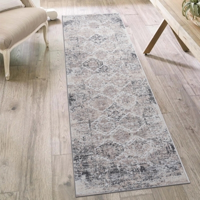 2x8 Stain Resistant Medallion Area Rug with Cotton Backing, Cream