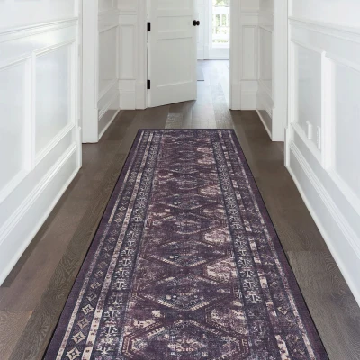 2x10 Low-Pile Non-Slip Non-Shedding Washable Area Rug, Black+Burgundy
