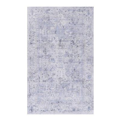 6x9 Low-Pile Non-Slip Non-Shedding Washable Area Rug, Blue+Cream