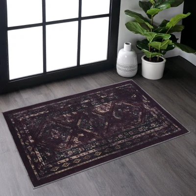 2x3 Low-Pile Non-Slip Non-Shedding Machine Washable Area Rug, Black+Burgundy