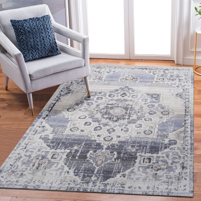 5x7 Stain-Resistant Area Rug with Cotton Backing, Cream+Blue