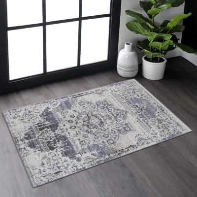 2x3 Stain-Resistant Area Rug with Cotton Backing, Cream+Blue