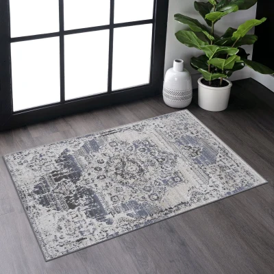 2x3 Stain-Resistant Area Rug with Cotton Backing, Cream+Blue