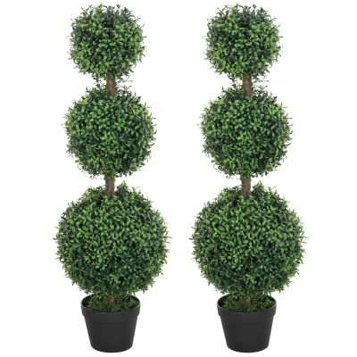 HOMCOM 2 Pack 40" Artificial Trees, Boxwood Topiary Ball Trees with Pot for Indoor, Outdoor, Home Office, Living Room, Green