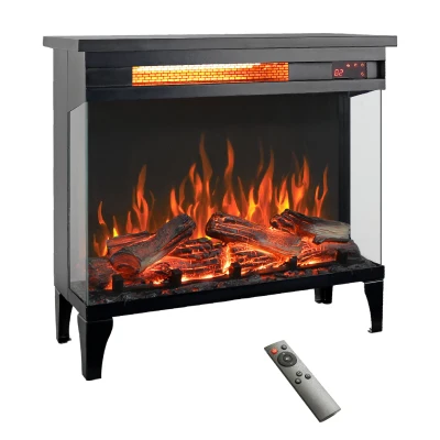 24" Freestanding Design 3-Sided Glass Electric Fireplace with Remote Control, Antique Black