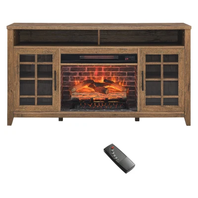 55" TV Media Stand with Remote Control Electric Fireplace, Reclaimed Barnwood