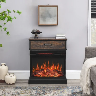25" Stand Side Table with 3-Sided Glass Electric Fireplace and 11 Temperature Settings, Antique Black