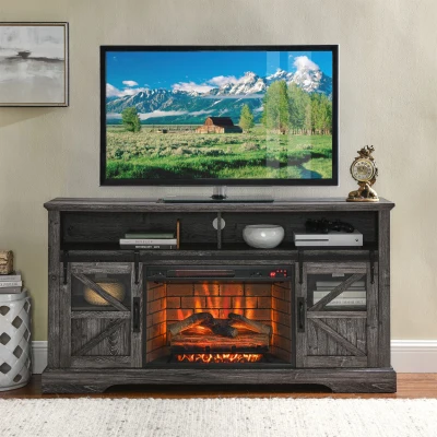 60" Electric Fireplace Entertainment Center with Door Sensor, Dark Oak