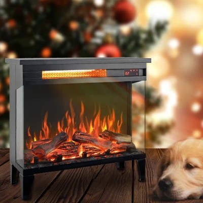 24" Freestanding Design 3-Sided Glass Electric Fireplace with Remote Control, Antique Black