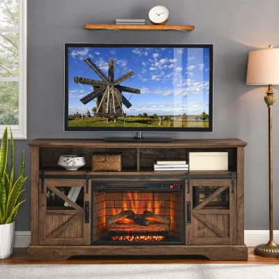 60" Electric Fireplace Entertainment Center with Door Sensor, Brown