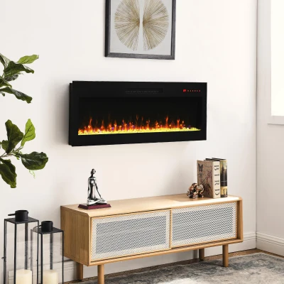 42" Remote Wall Mounted Electric Fireplace with Ultra Thin Tempered Glass Front, Antique Black